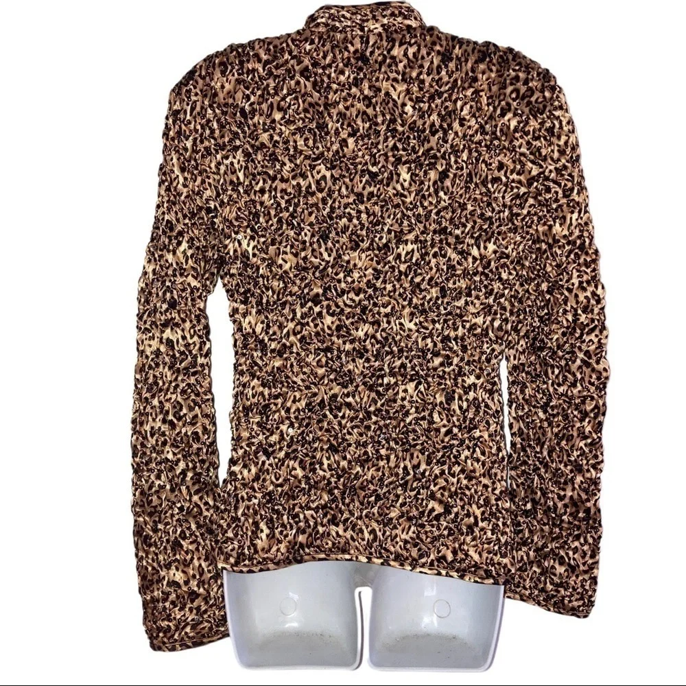 MSK Leopard Crimp Satin Sequin Zip Front Jacket M Beige Black
